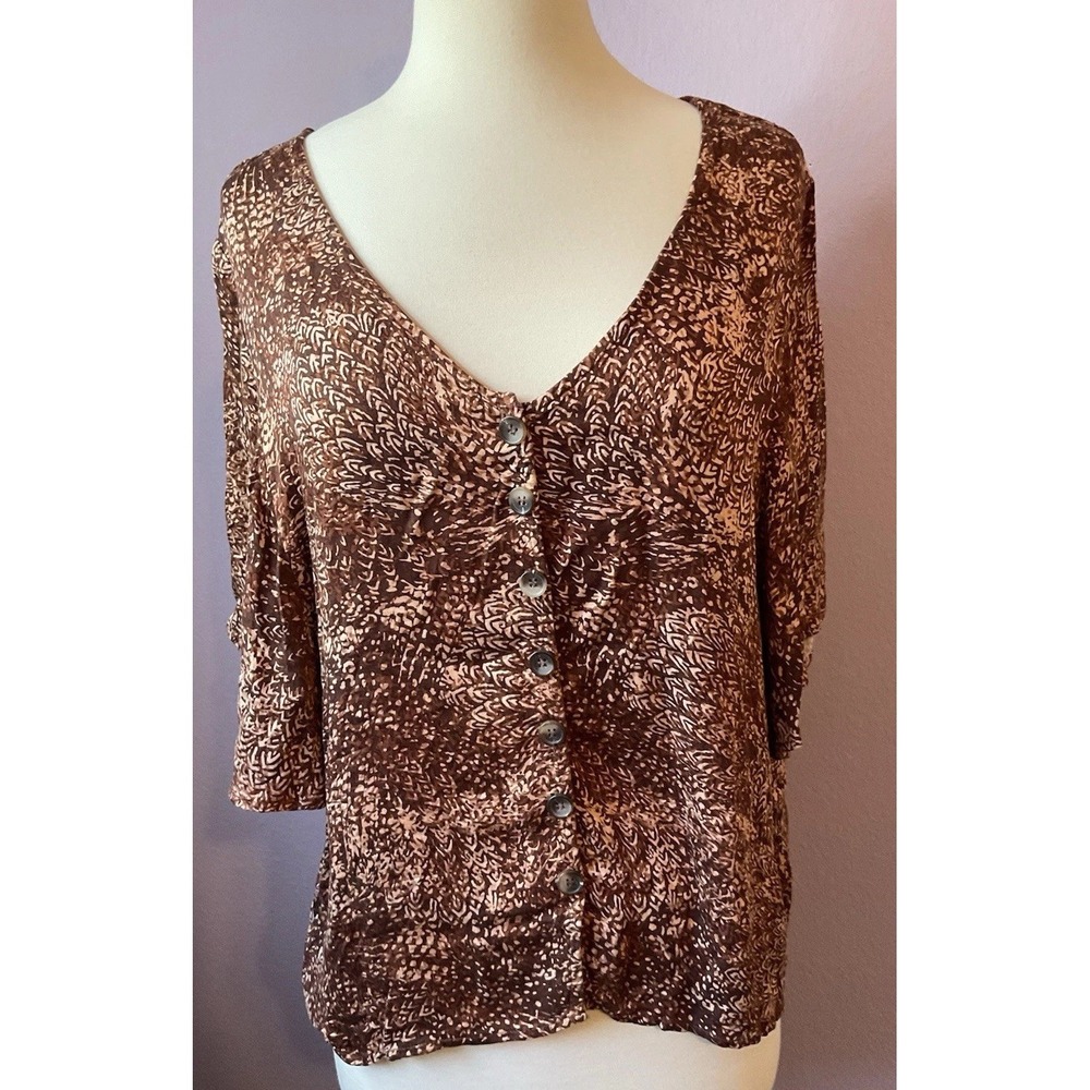 Daytrip Brown Print Button Up Shirt 3/4 Sleeve Size Large